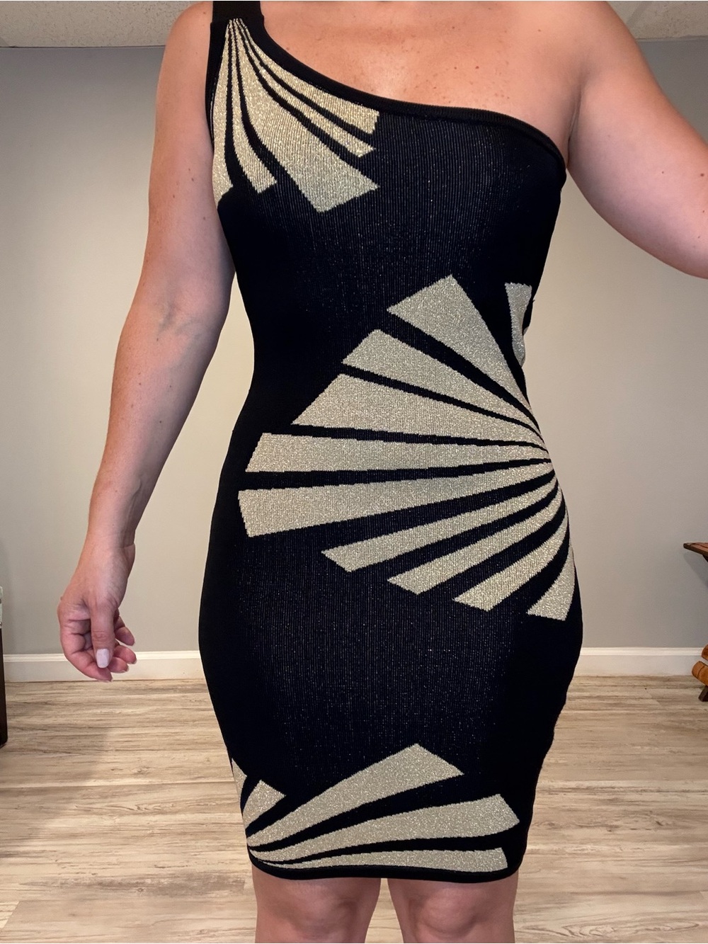 bebe Black One-Shoulder Dress with Gold Fan Accents